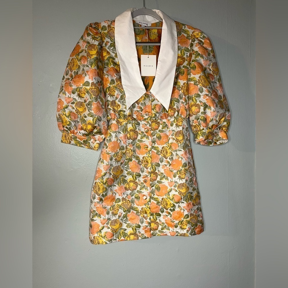 moodie Floral Mini Dress with White Collar - Peach, Yellow, Green